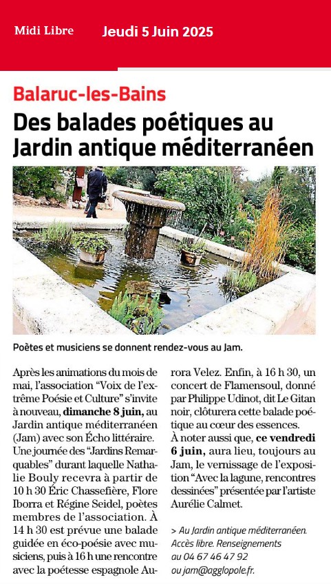Article Midi Libre Seidel Iborra 2025-06-05 midilibre Régine Seidel Flore Iborra Jardin Ballaruc les Bains